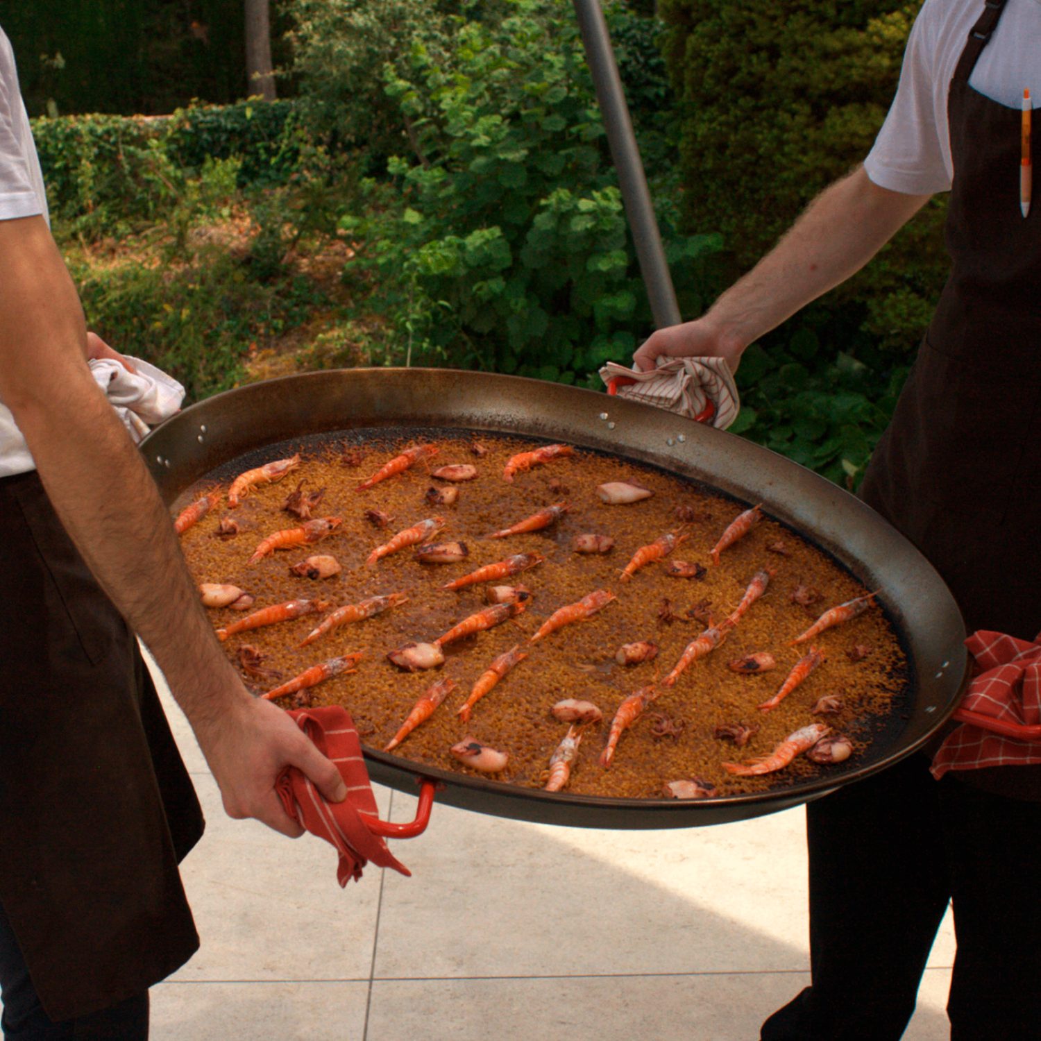 Seafood paella served outdoors
