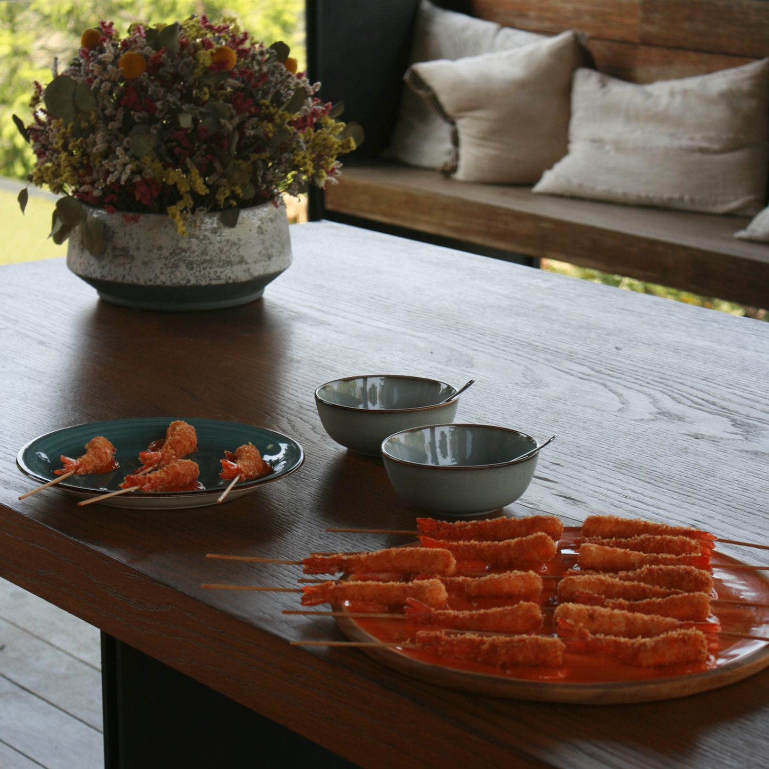 Prawn skewers on the table